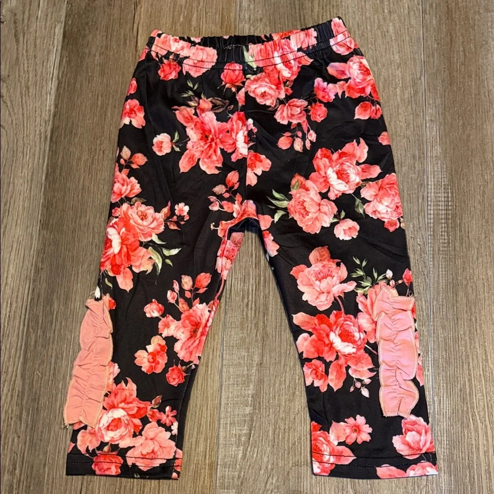 Black Floral Ruffle Detailed Girls Pants